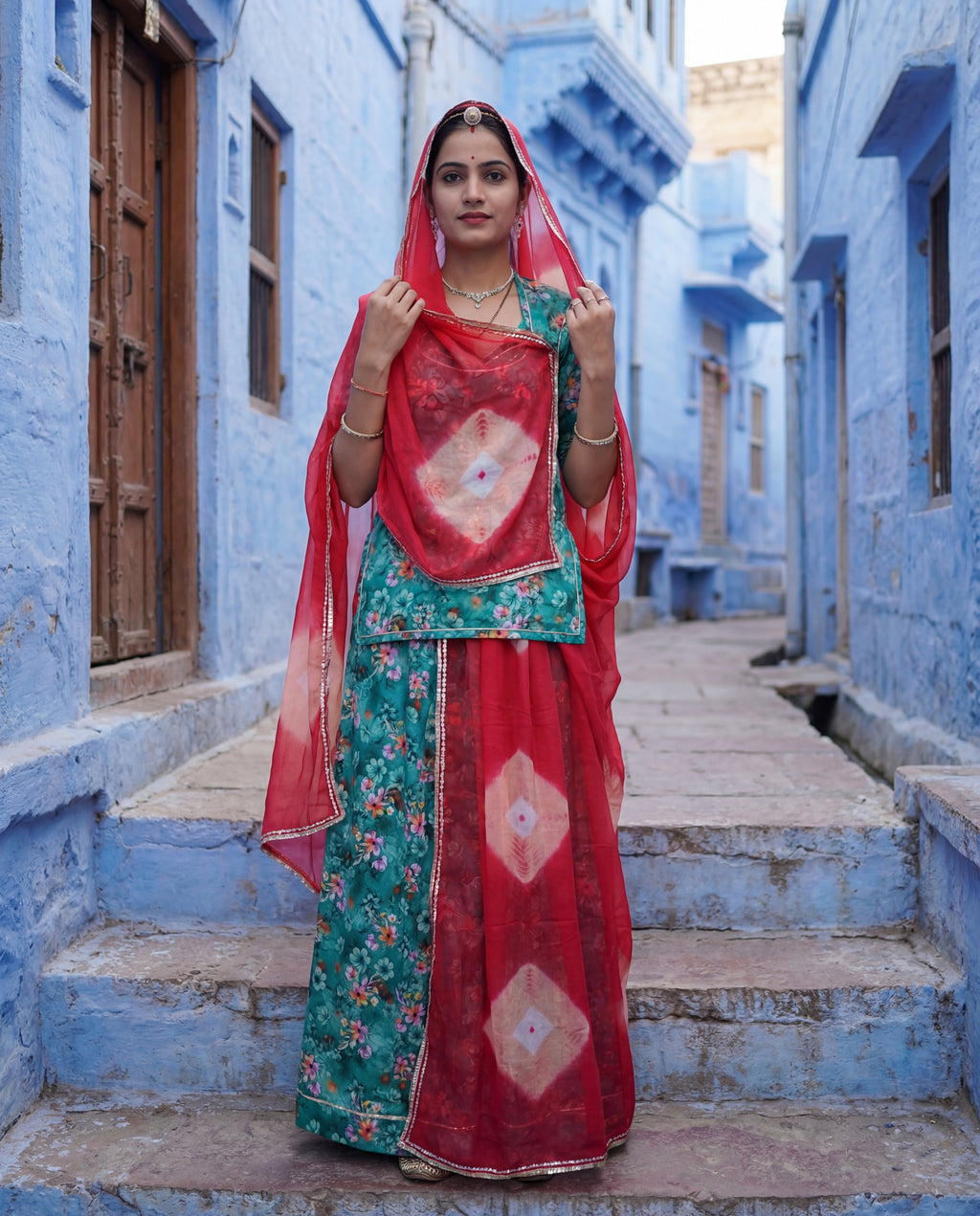 'Panna' - Emerald Green Floral Print Rajputi Suit Set + Crimson Red Tie-Dye Odhani