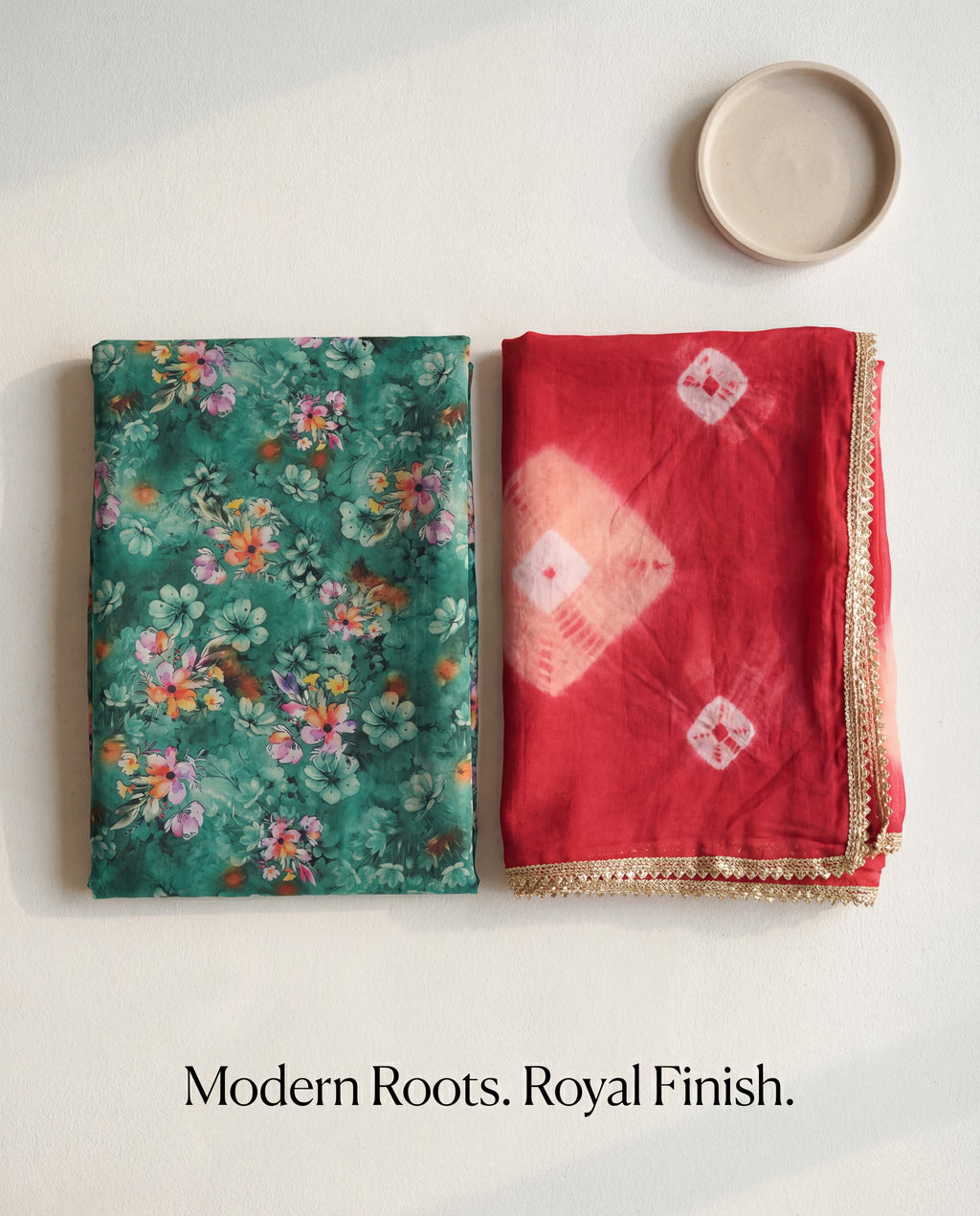 'Panna' - Emerald Green Floral Print Rajputi Suit Set + Crimson Red Tie-Dye Odhani