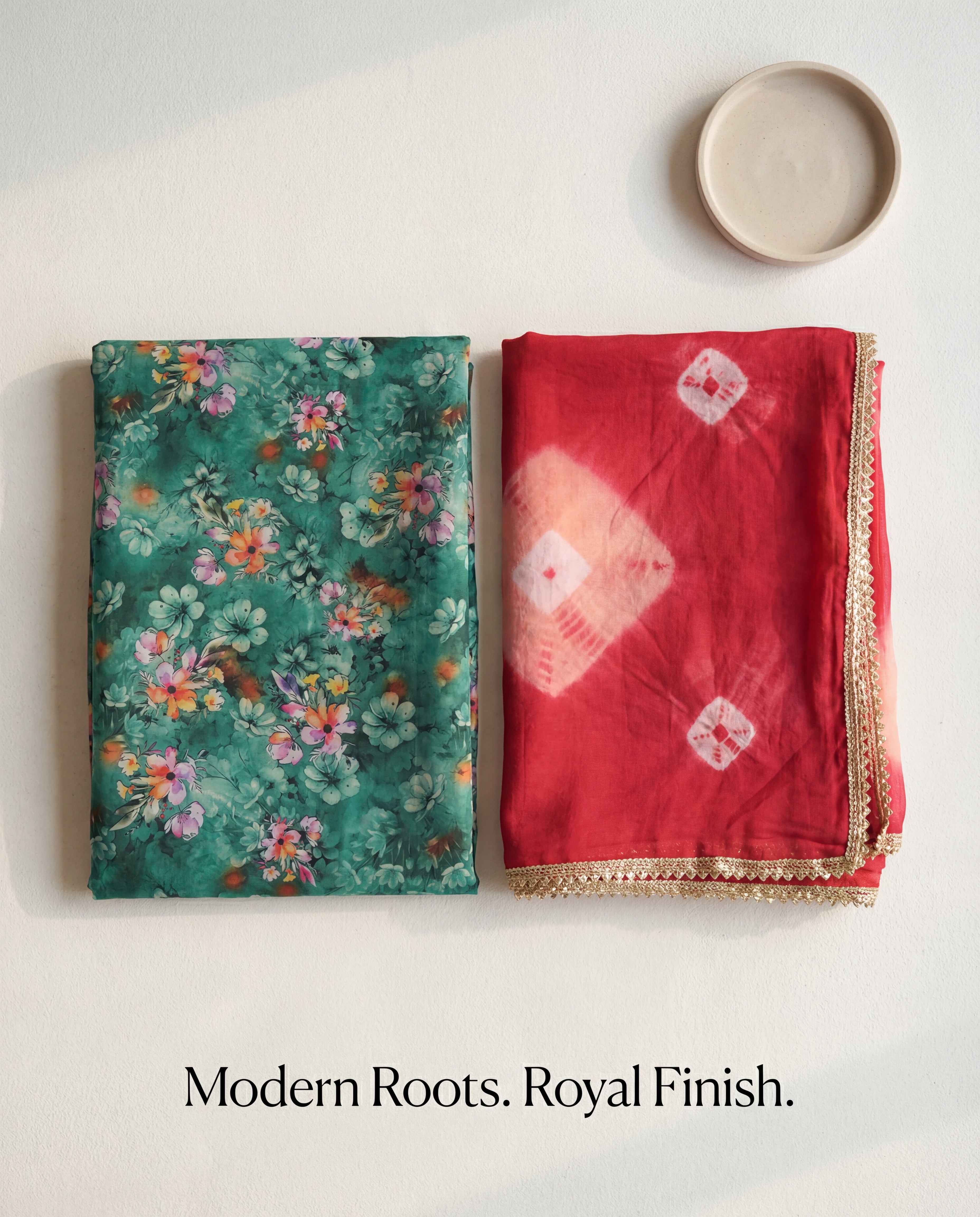 'Panna' - Emerald Green Floral Print Rajputi Suit Set + Crimson Red Tie-Dye Odhani