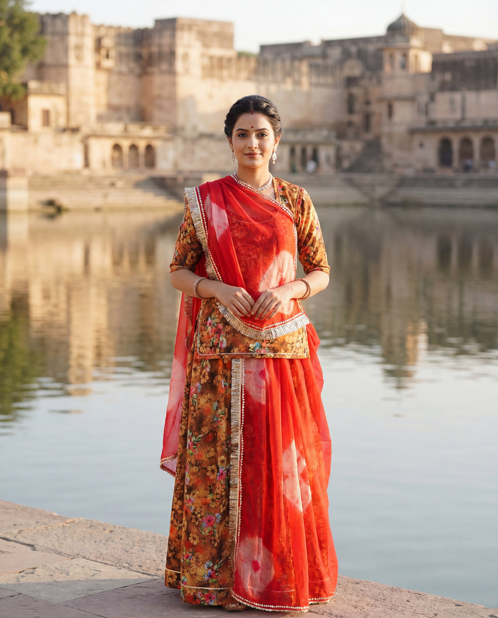'Tamra' - Earthy Brown Floral Print Rajputi Suit Set + Tomato Red Shibori Odhani