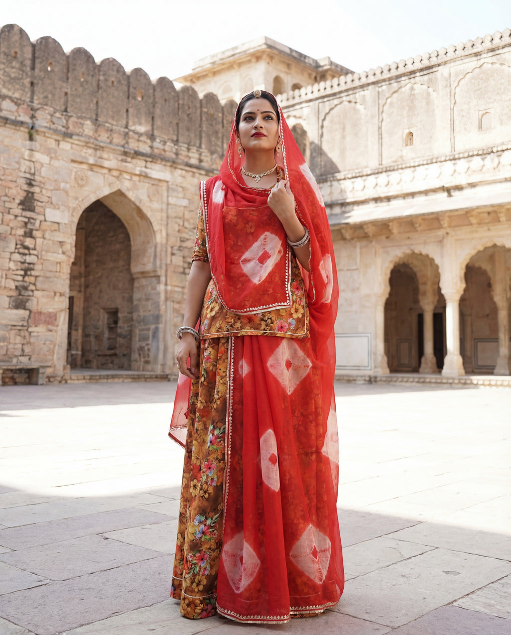 'Tamra' - Earthy Brown Floral Print Rajputi Suit Set + Tomato Red Shibori Odhani