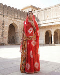 'Tamra' - Earthy Brown Floral Print Rajputi Suit Set + Tomato Red Shibori Odhani