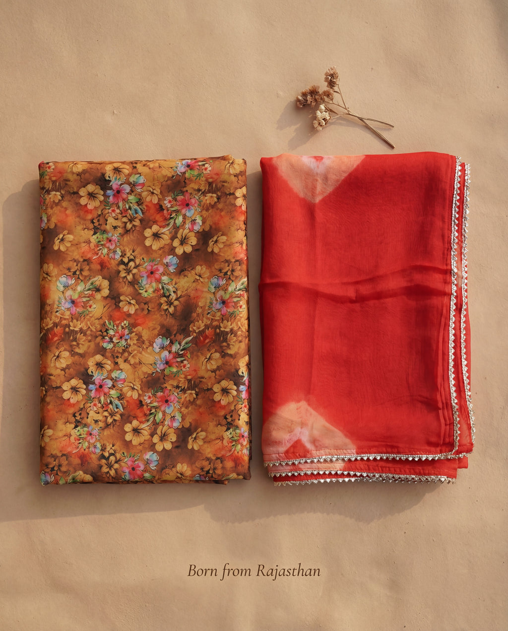 'Tamra' - Earthy Brown Floral Print Rajputi Suit Set + Tomato Red Shibori Odhani