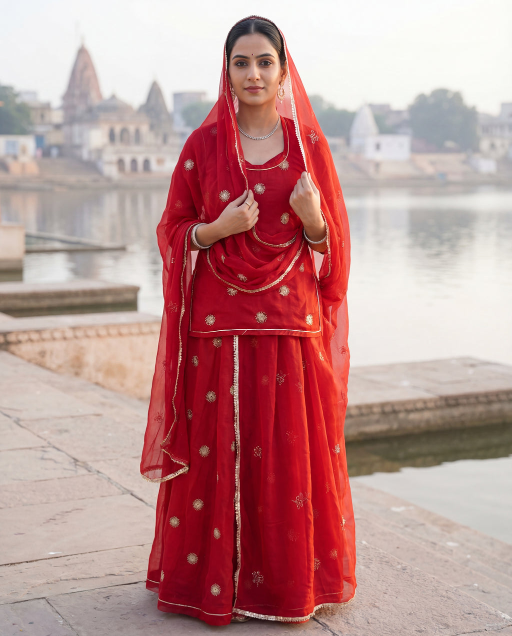 'Surkh' - Deep Crimson Red Gold Buti Work Rajputi Suit Set + Matching Red Odhani