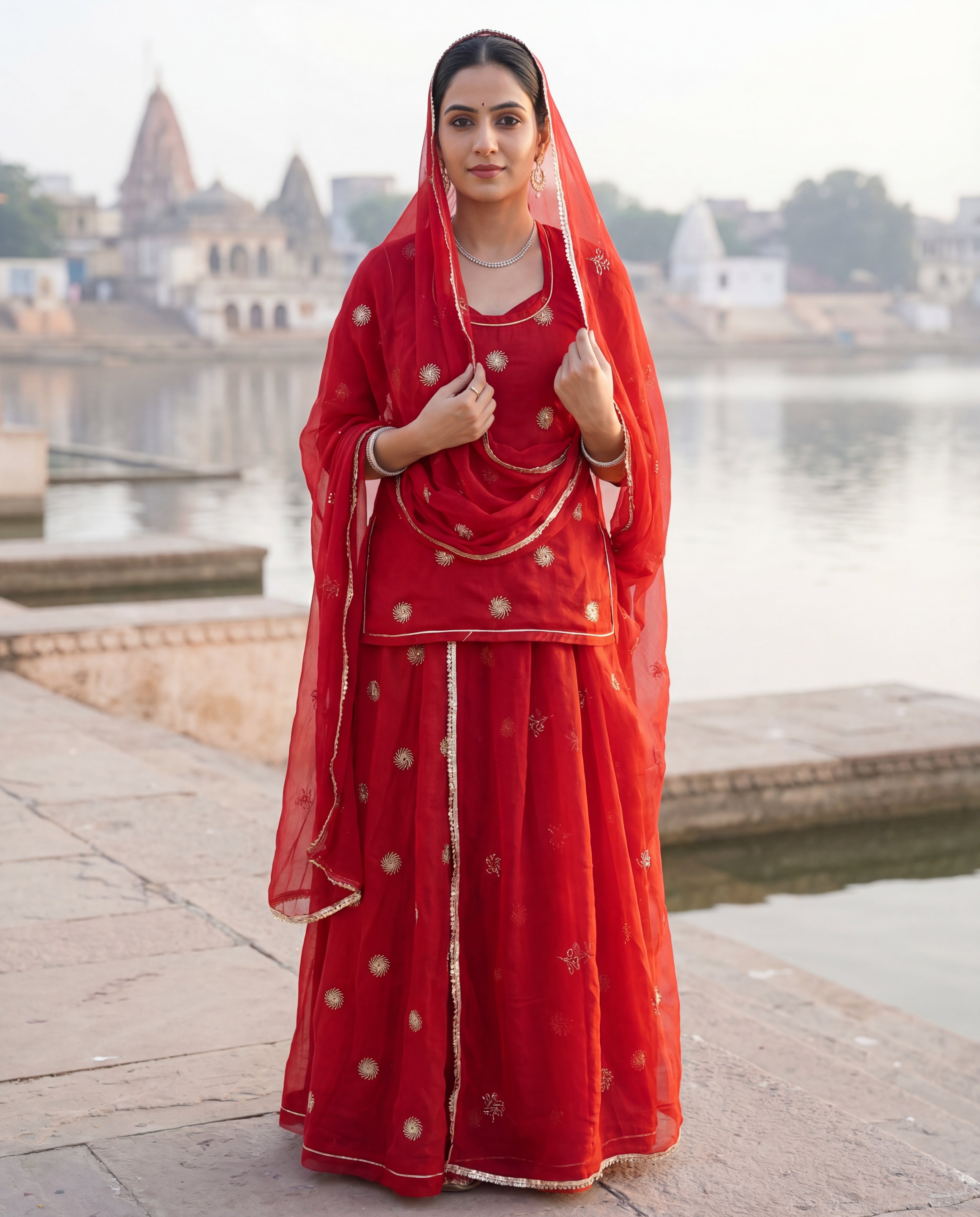 'Surkh' - Deep Crimson Red Gold Buti Work Rajputi Suit Set + Matching Red Odhani