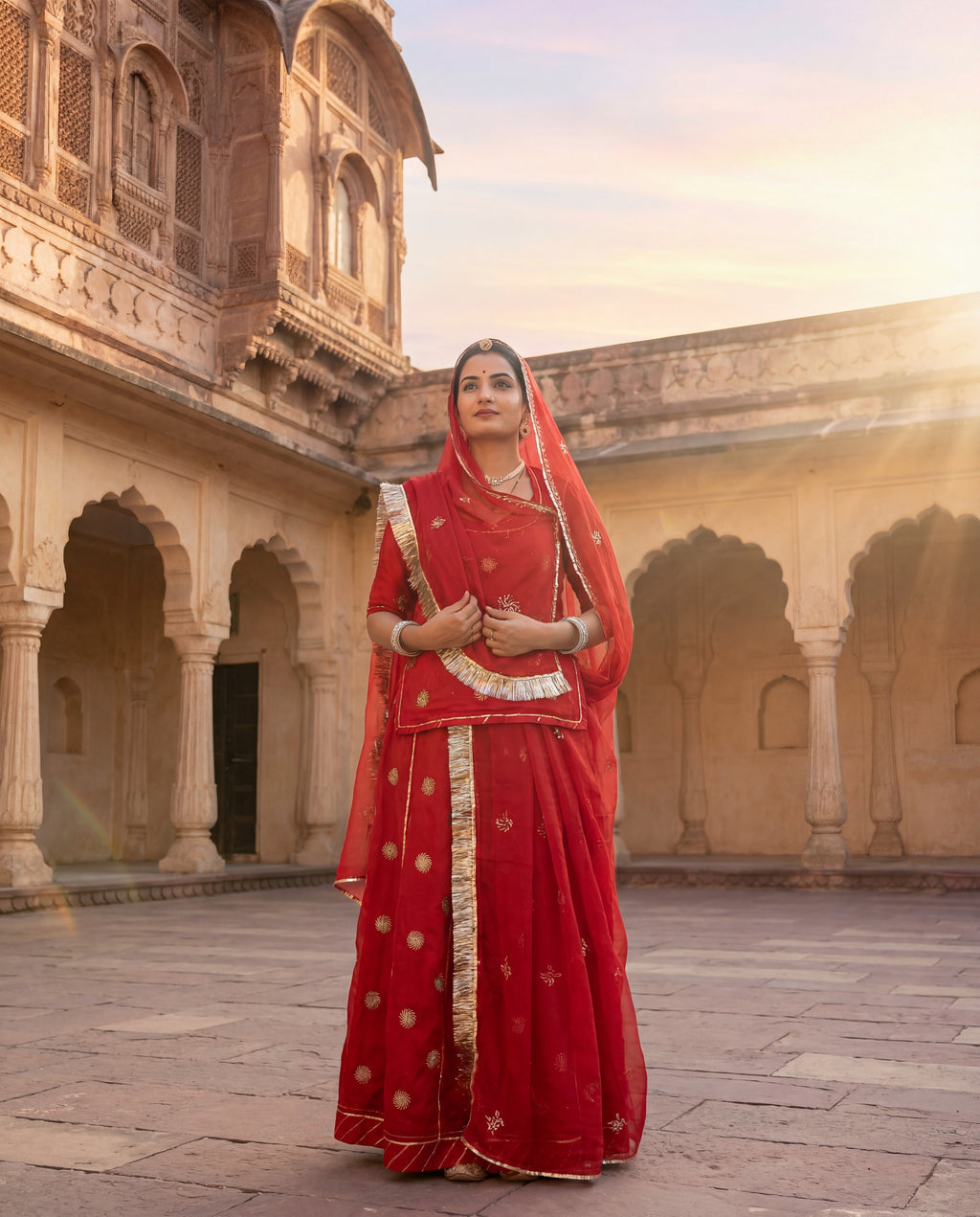 'Surkh' - Deep Crimson Red Gold Buti Work Rajputi Suit Set + Matching Red Odhani