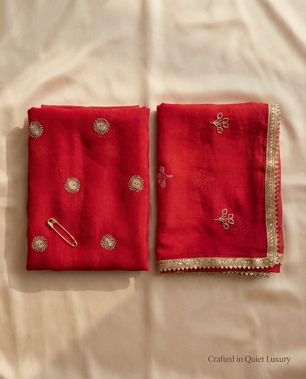 'Surkh' - Deep Crimson Red Gold Buti Work Rajputi Suit Set + Matching Red Odhani