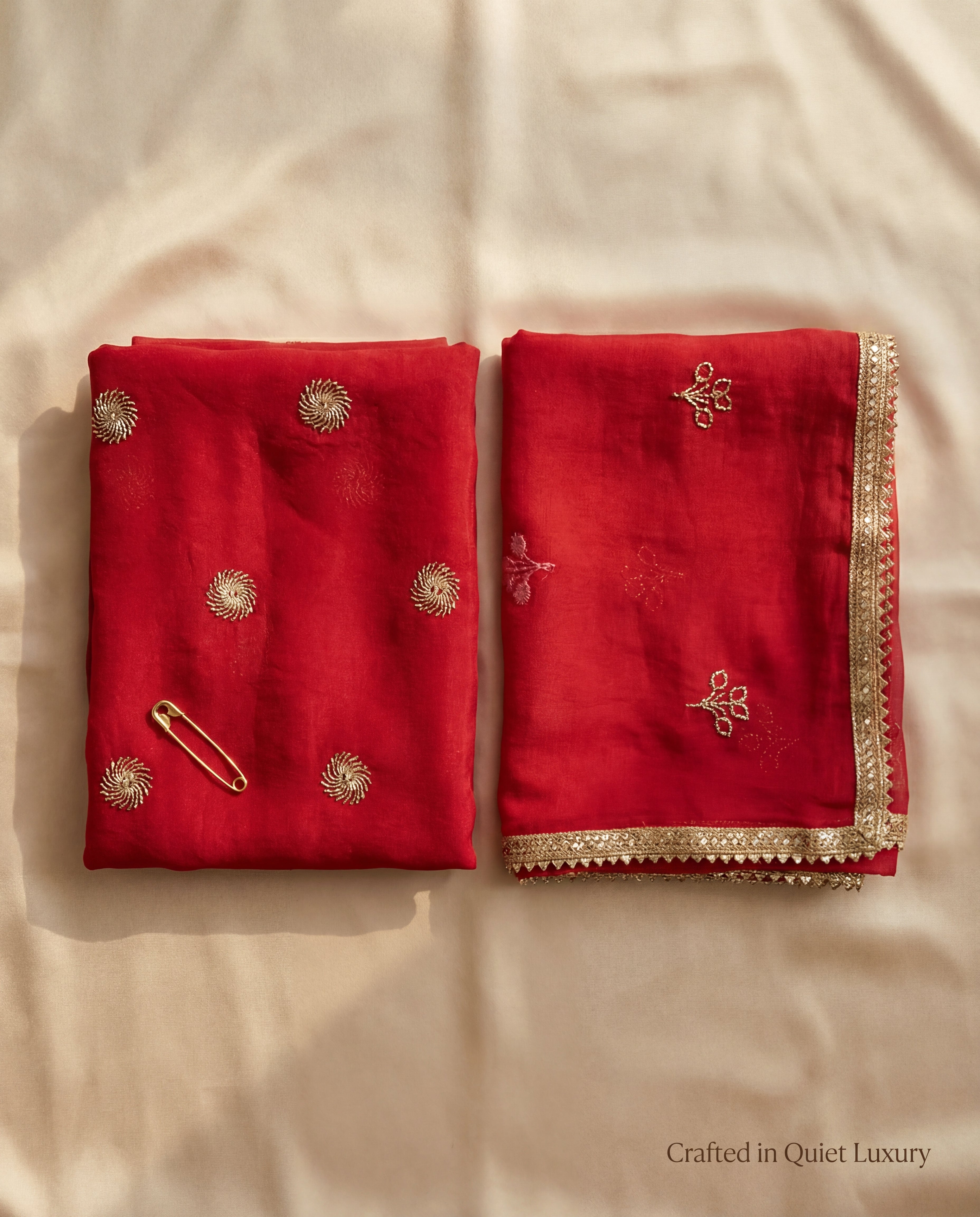 'Surkh' - Deep Crimson Red Gold Buti Work Rajputi Suit Set + Matching Red Odhani
