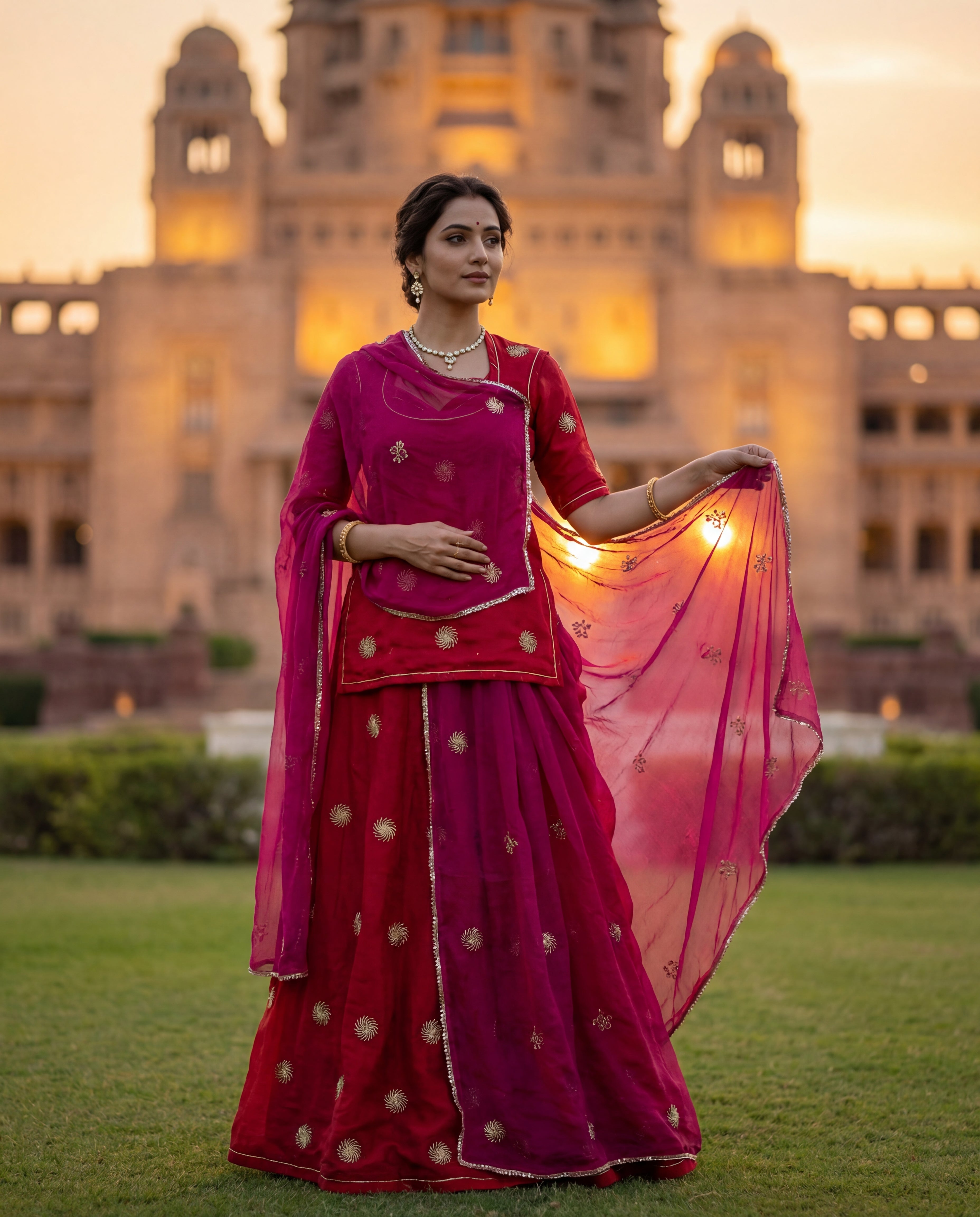 'Surya Kiran' - Crimson Red Sunburst Embroidered Rajputi Suit Set + Rani Pink Heavy Border Odhani