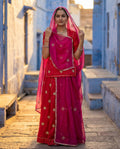 'Surya Kiran' - Crimson Red Sunburst Embroidered Rajputi Suit Set + Rani Pink Heavy Border Odhani