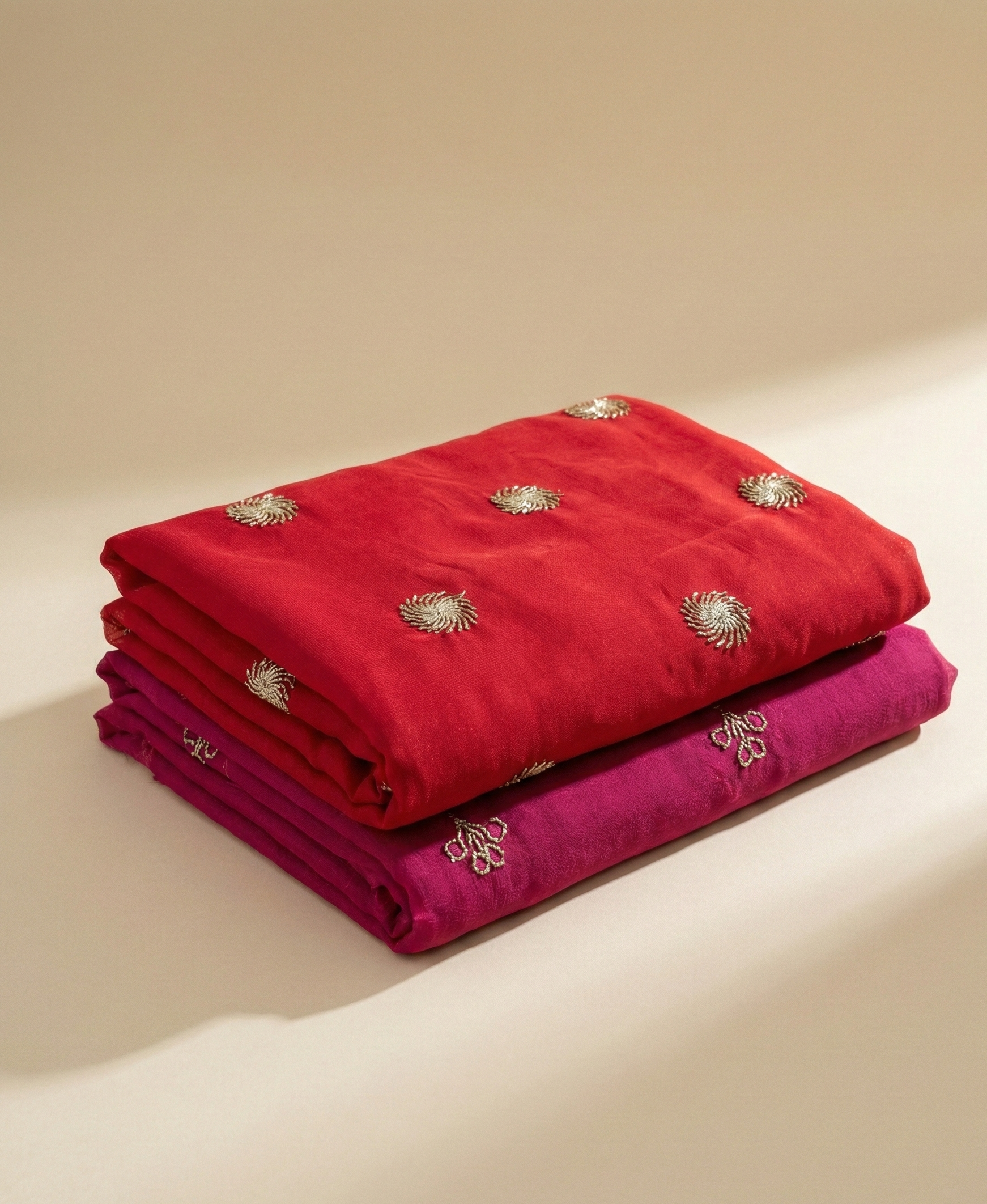 'Surya Kiran' - Crimson Red Sunburst Embroidered Rajputi Suit Set + Rani Pink Heavy Border Odhani