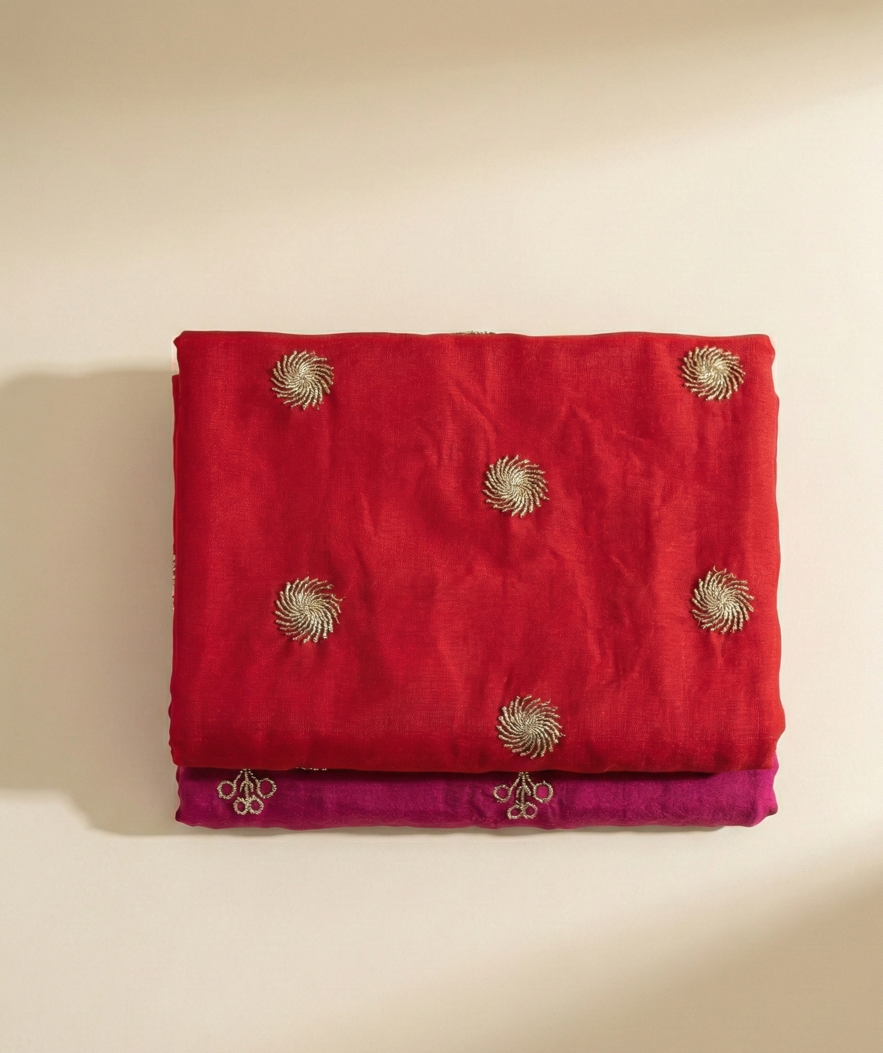 'Surya Kiran' - Crimson Red Sunburst Embroidered Rajputi Suit Set + Rani Pink Heavy Border Odhani