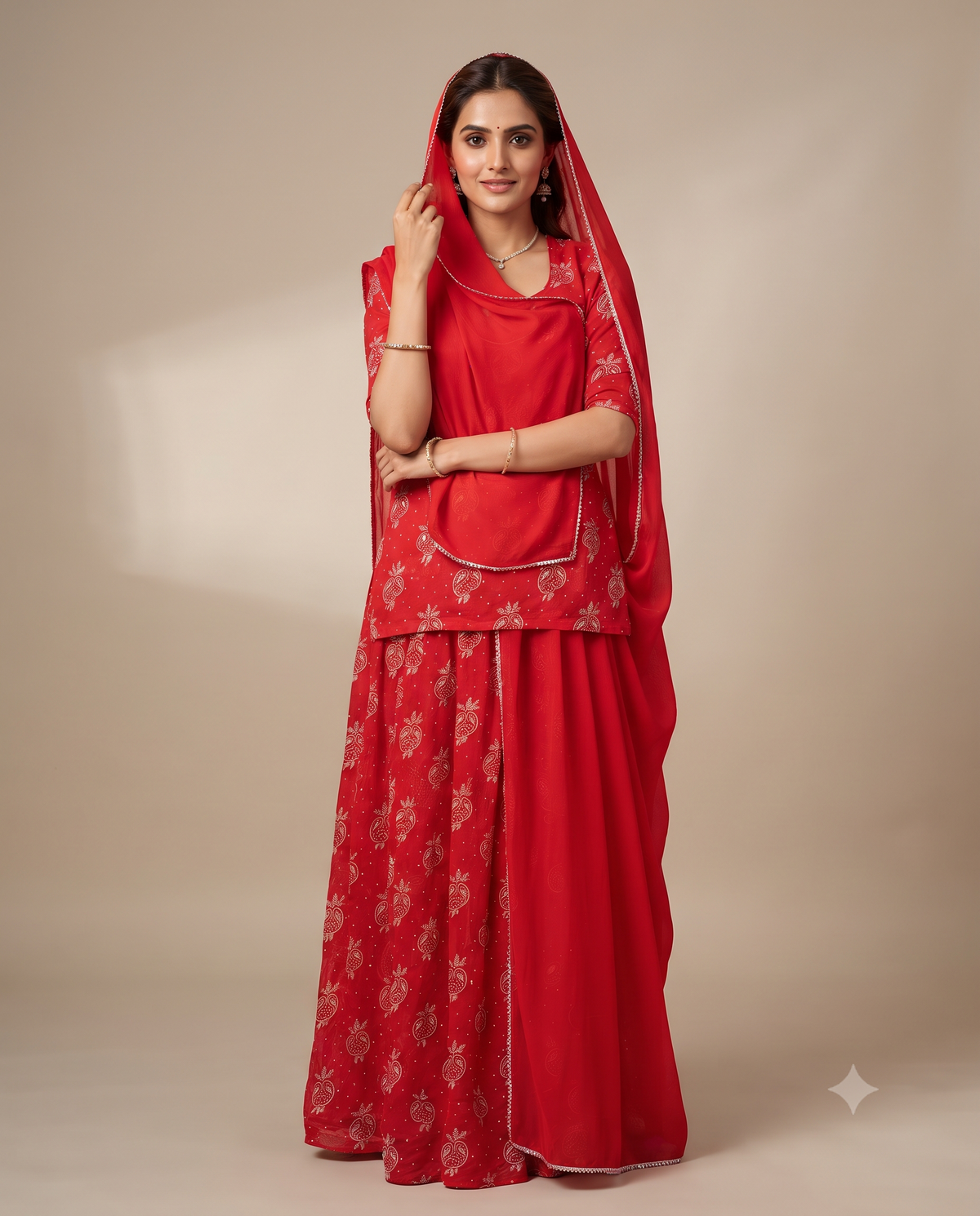 'Chandrika' - Red Gold Foil Kairi Print Rajputi Poshak | Karwa Chauth Special