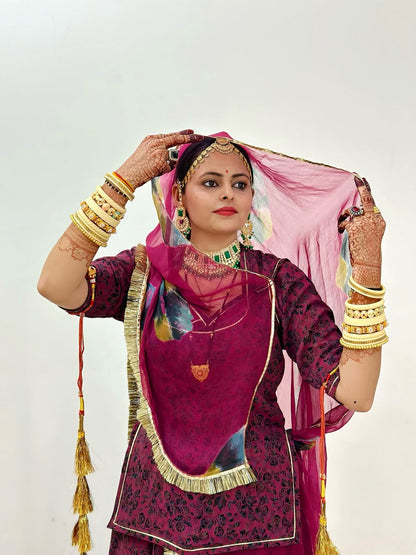 Geetika's Wine Colour BSY Foil Print- Traditional Rajputi Poshak