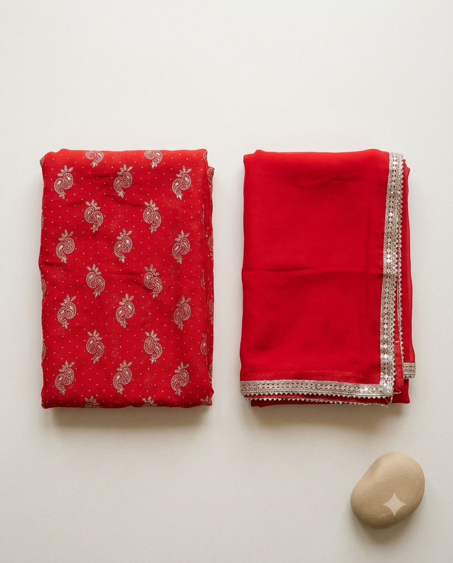 'Chandrika' - Red Gold Foil Kairi Print Rajputi Poshak | Karwa Chauth Special