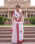 'Faganiya Gulal' - White Floral Rajputi Suit Set + Crimson Bandhej Odhani