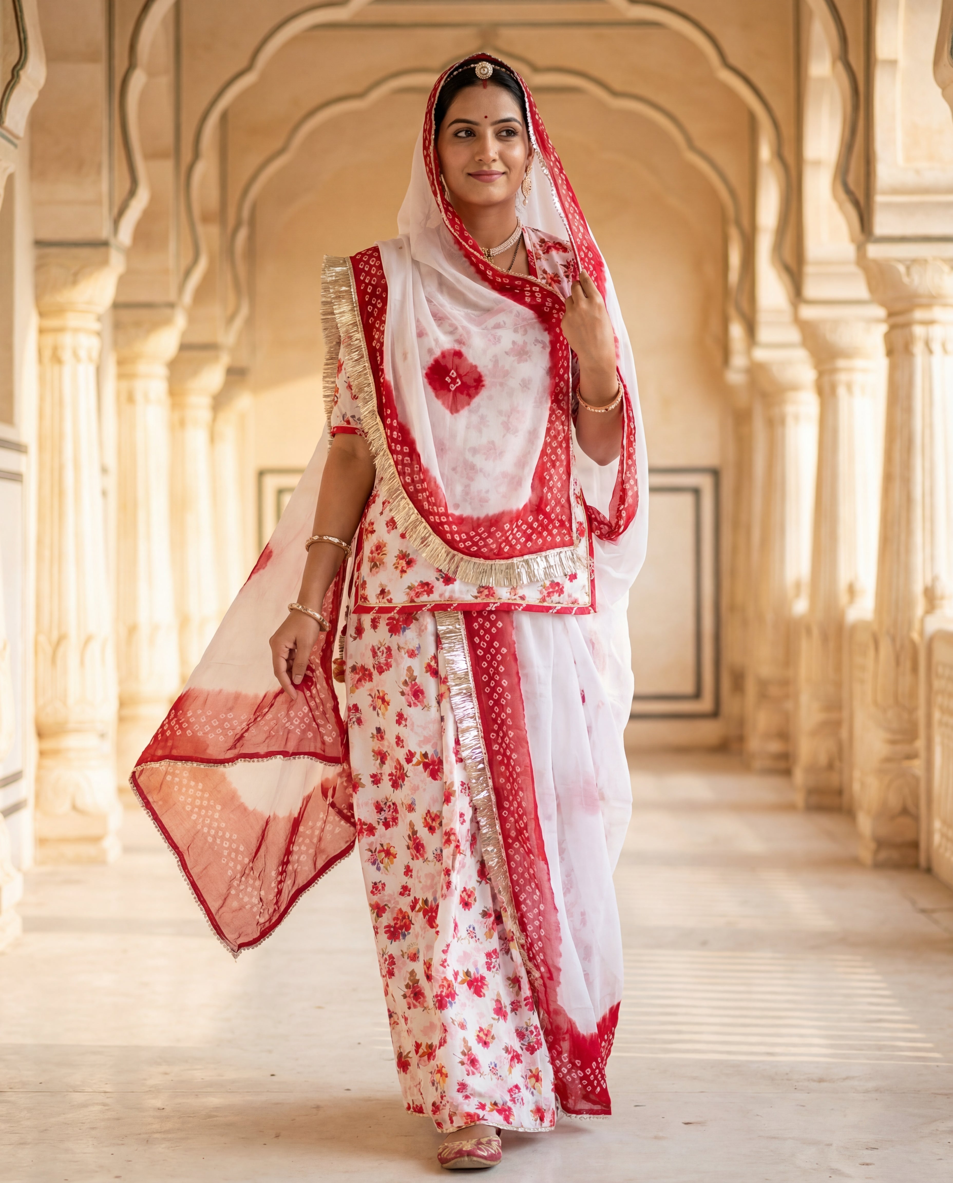 'Gul-e-Bahar' - White Floral Print Rajputi Suit Set + Red Bandhej Odhani