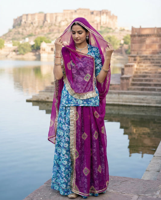 Teal Blue Floral Rajputi Poshak Fabric (4 Meters) with Rani Pink Bandhani Odhani | Soft Traditional Wear