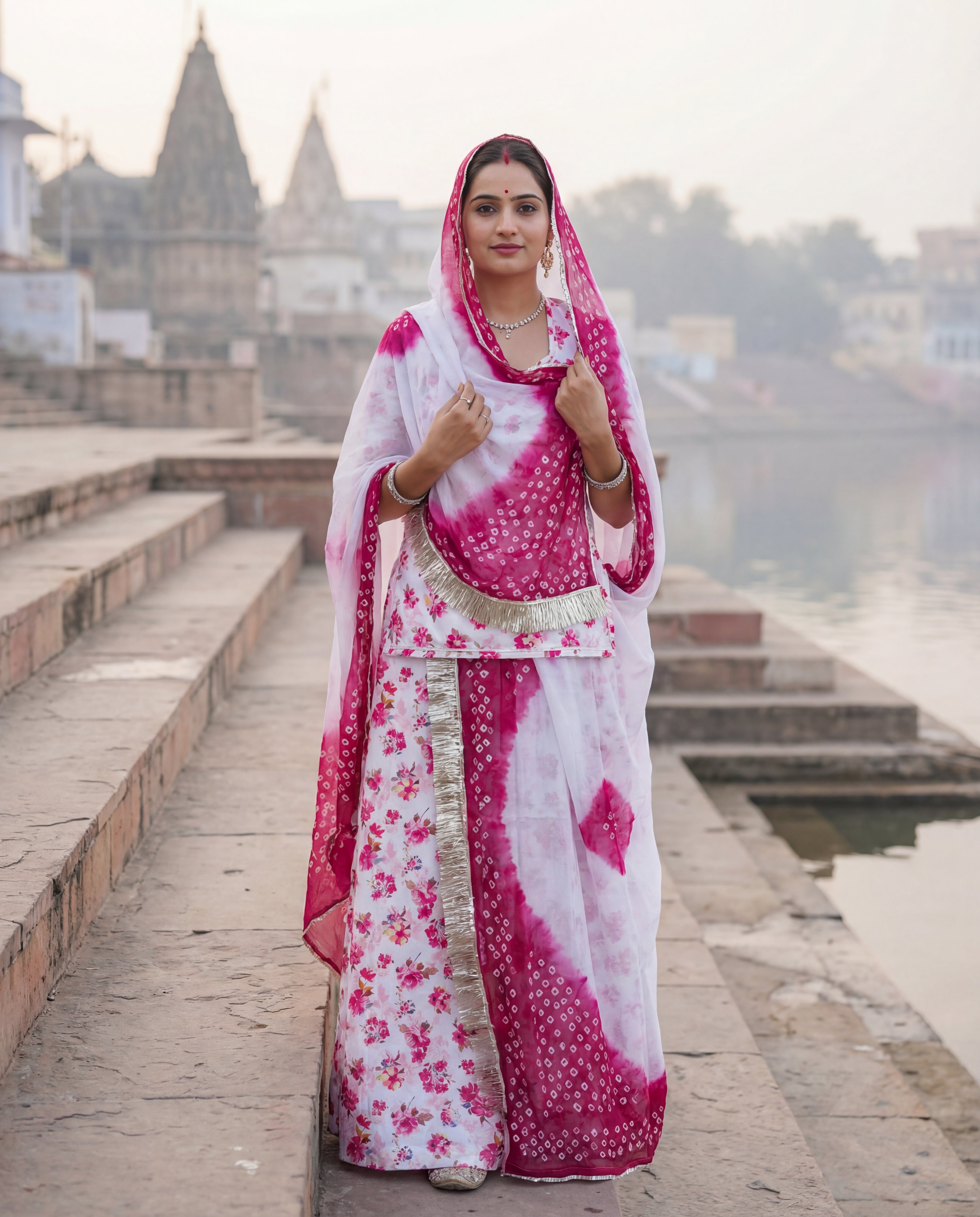 'Gulabiya' - Magenta Floral Rajputi Suit Set + Shaded Maroon Bandhej Odhani