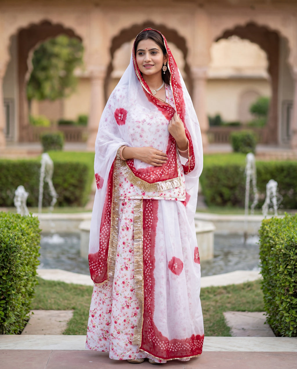 'Faganiya Gulal' - White Floral Rajputi Suit Set + Crimson Bandhej Odhani