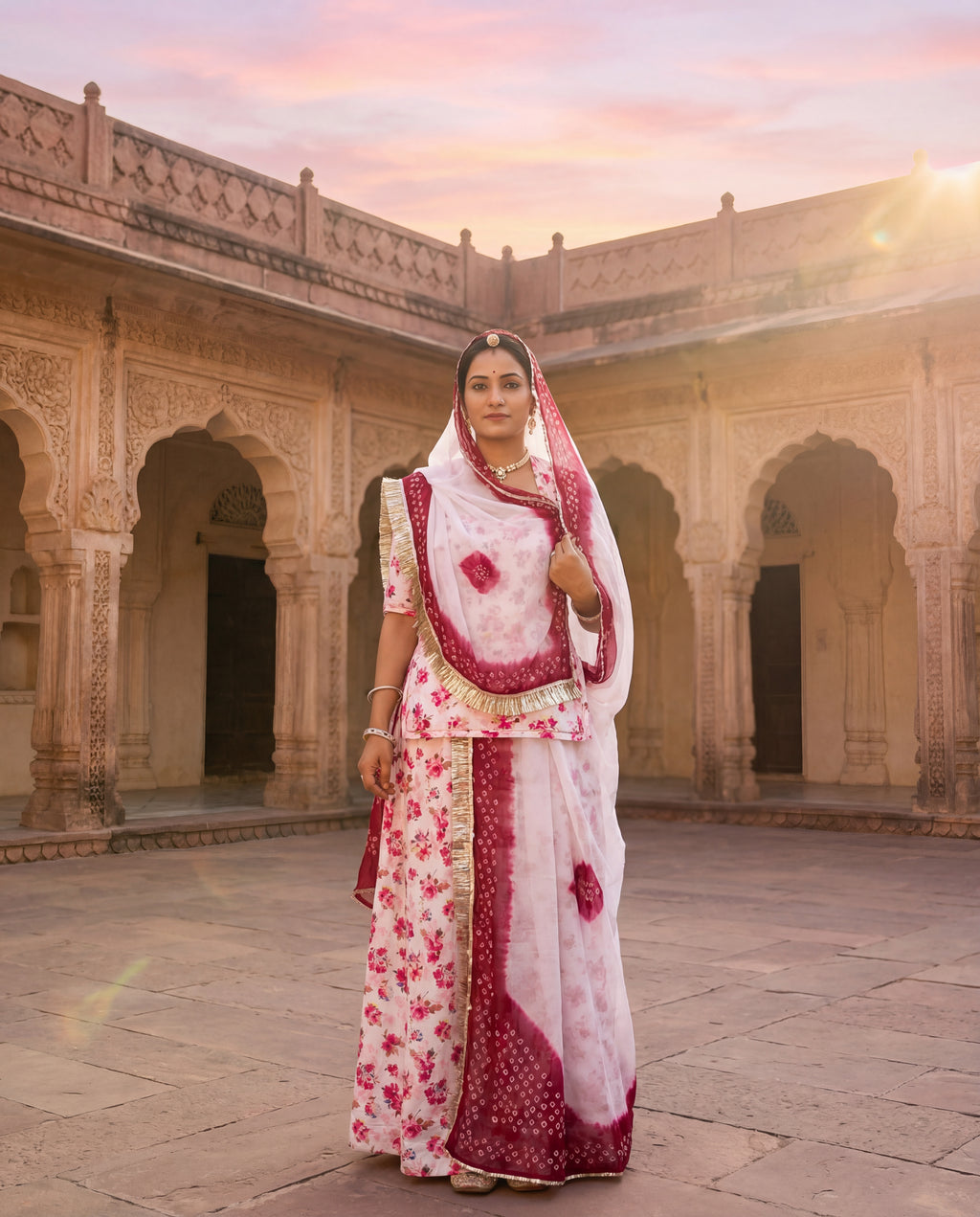 'Gulabiya' - Magenta Floral Rajputi Suit Set + Shaded Maroon Bandhej Odhani