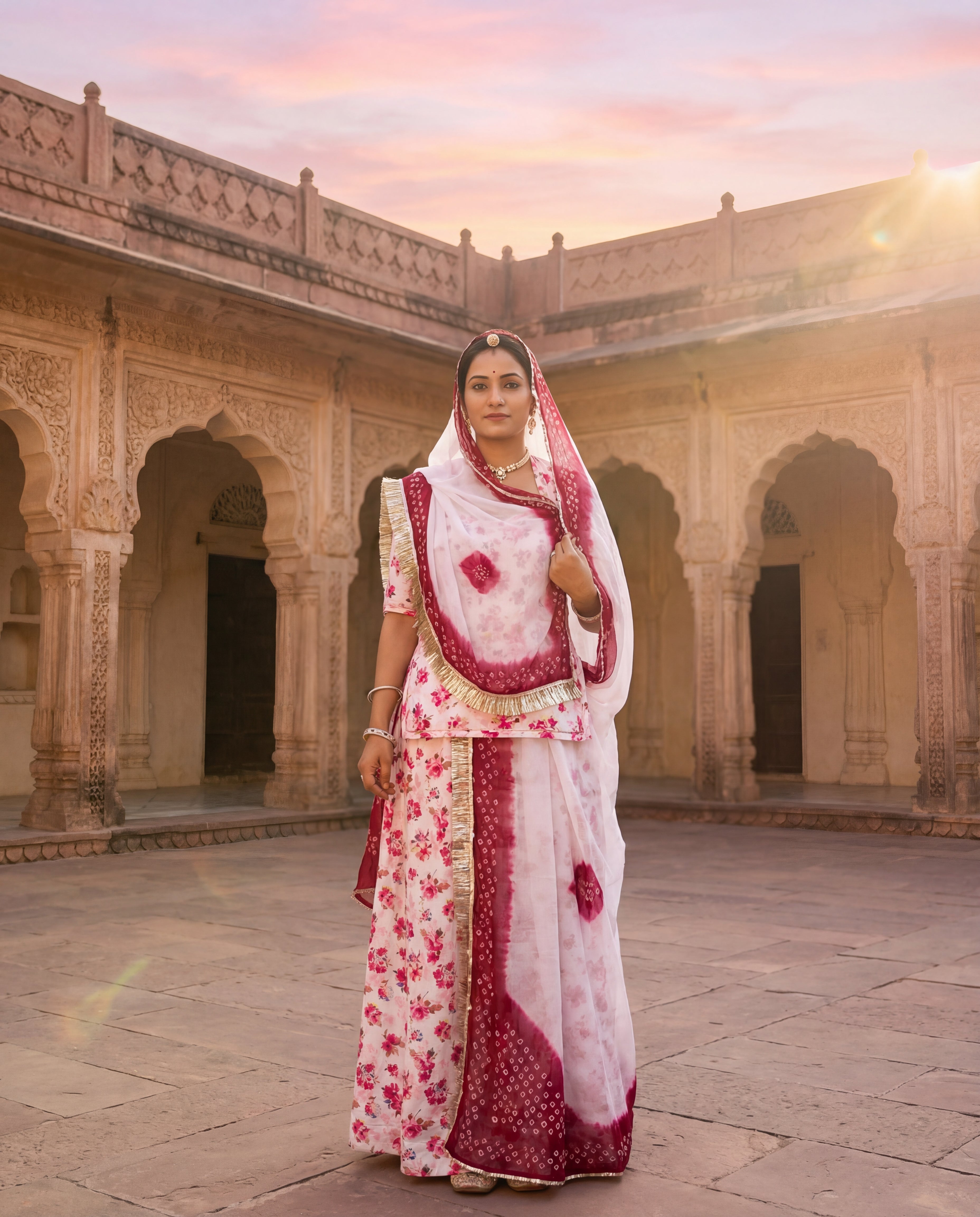 'Gulabiya' - Magenta Floral Rajputi Suit Set + Shaded Maroon Bandhej Odhani