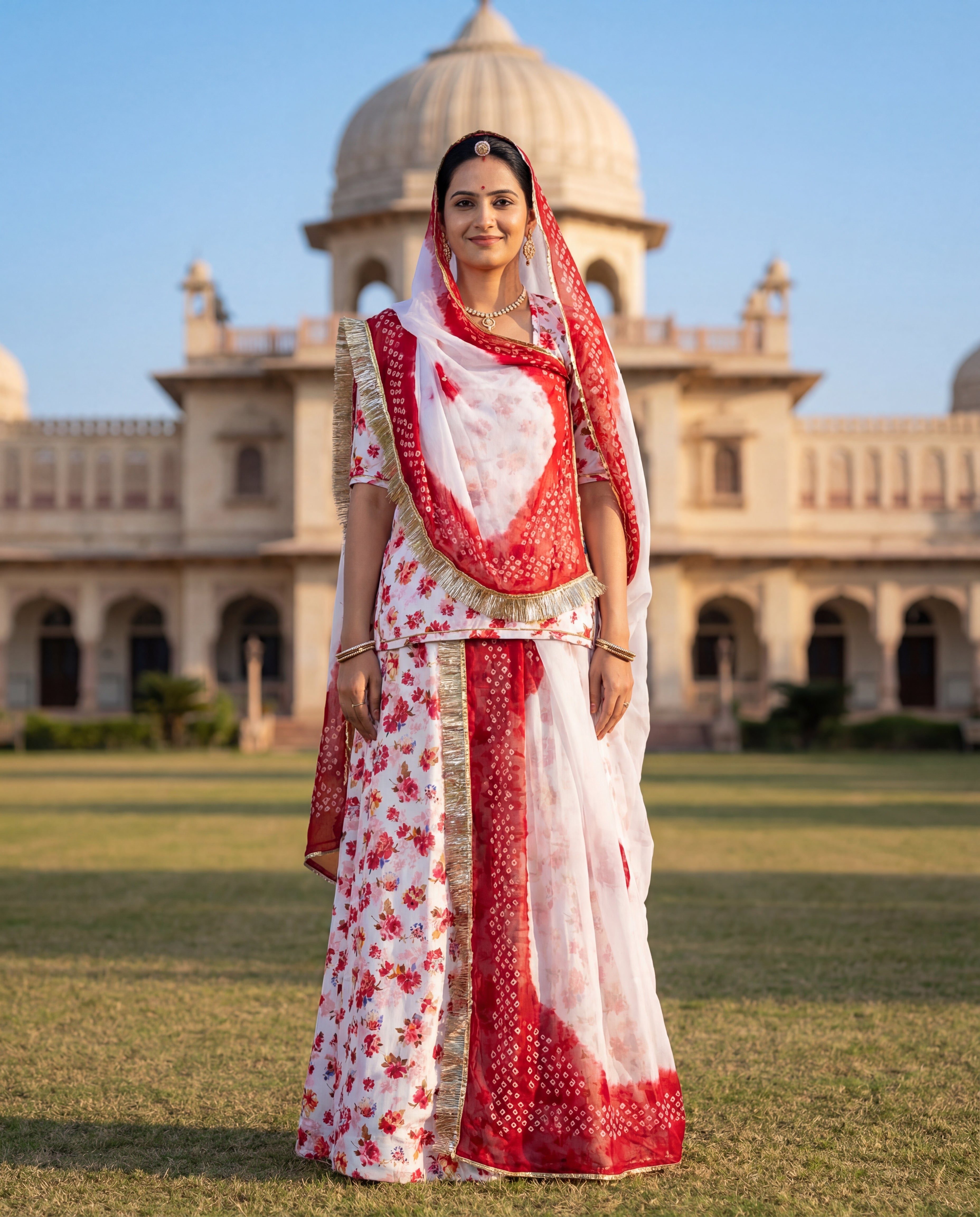 'Gul-e-Bahar' - White Floral Print Rajputi Suit Set + Red Bandhej Odhani