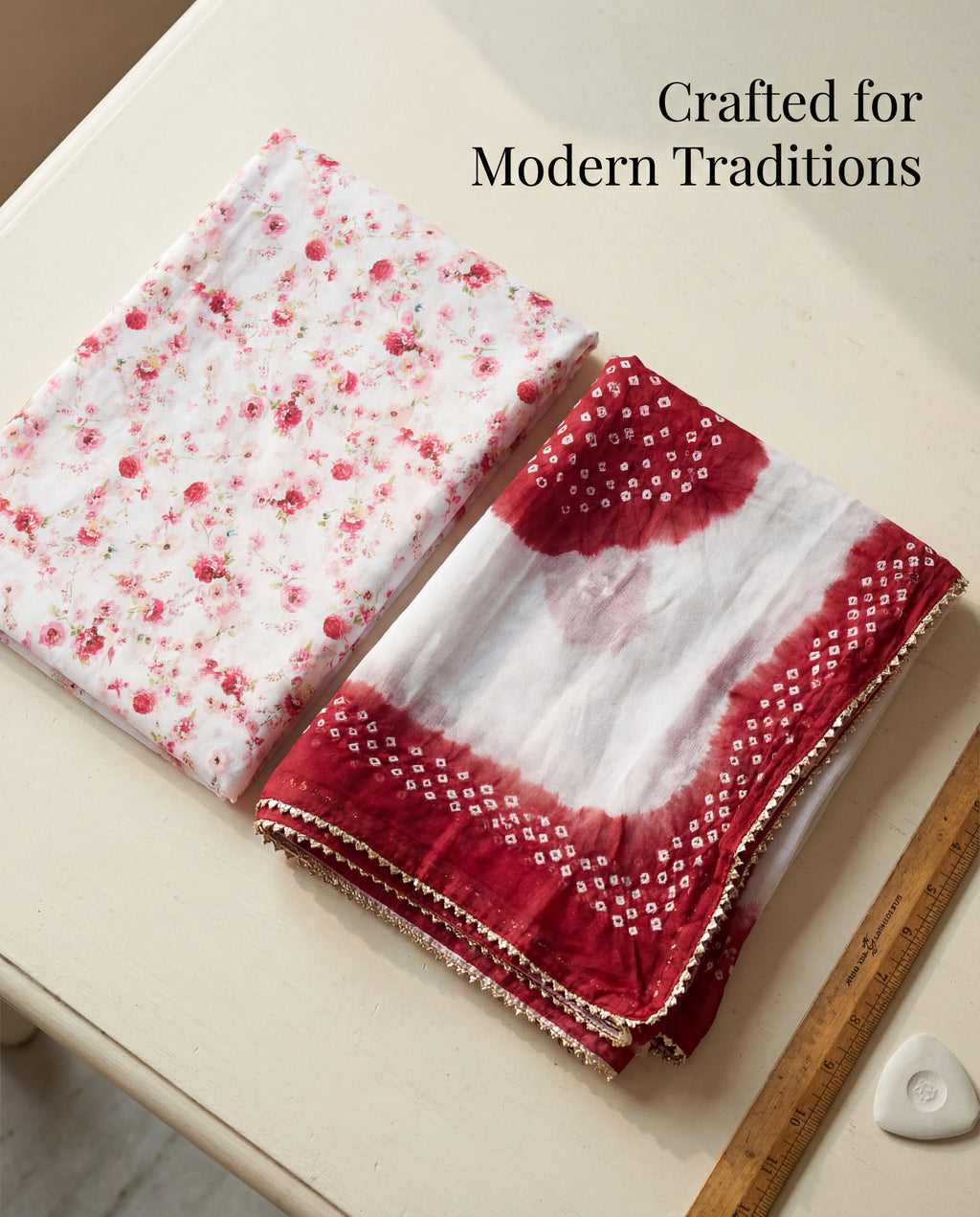 'Faganiya Gulal' - White Floral Rajputi Suit Set + Crimson Bandhej Odhani