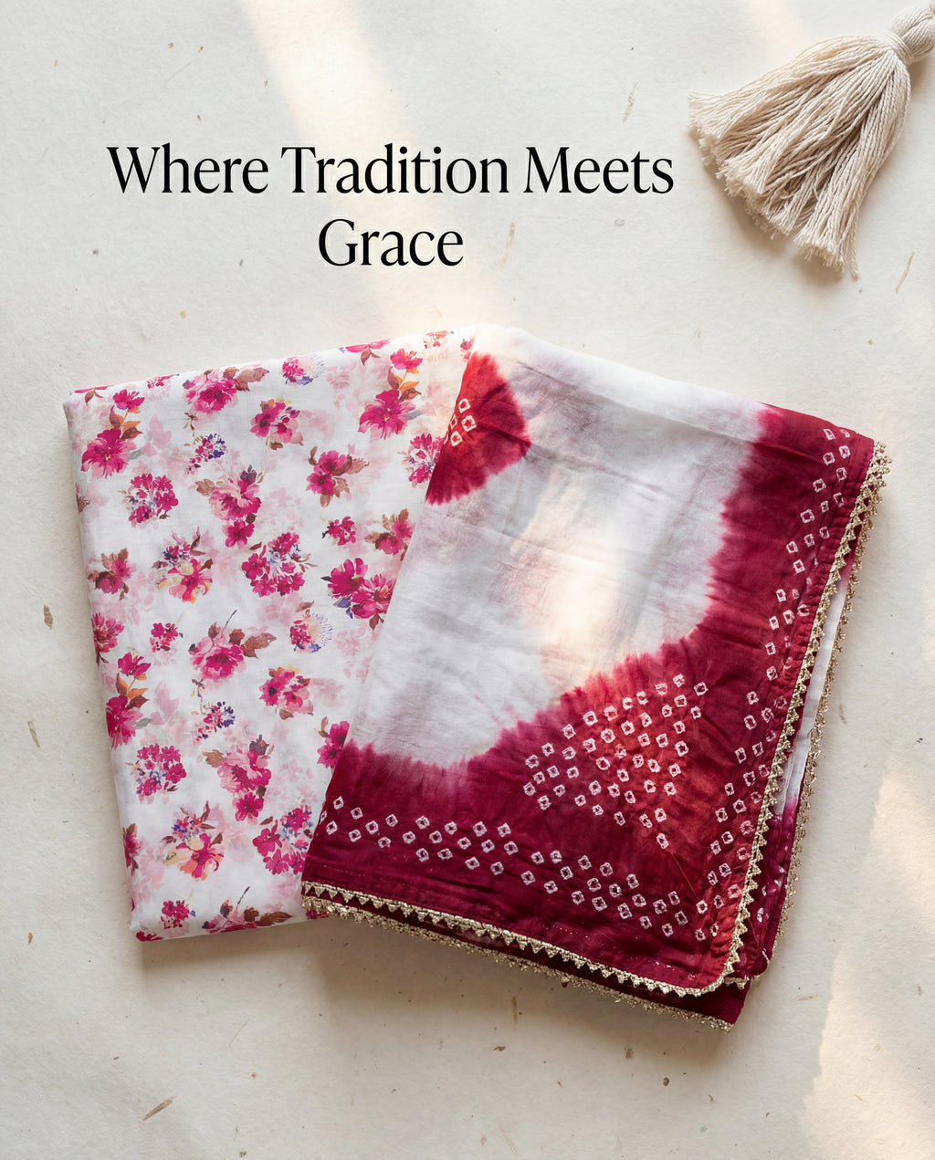 'Gulabiya' - Magenta Floral Rajputi Suit Set + Shaded Maroon Bandhej Odhani