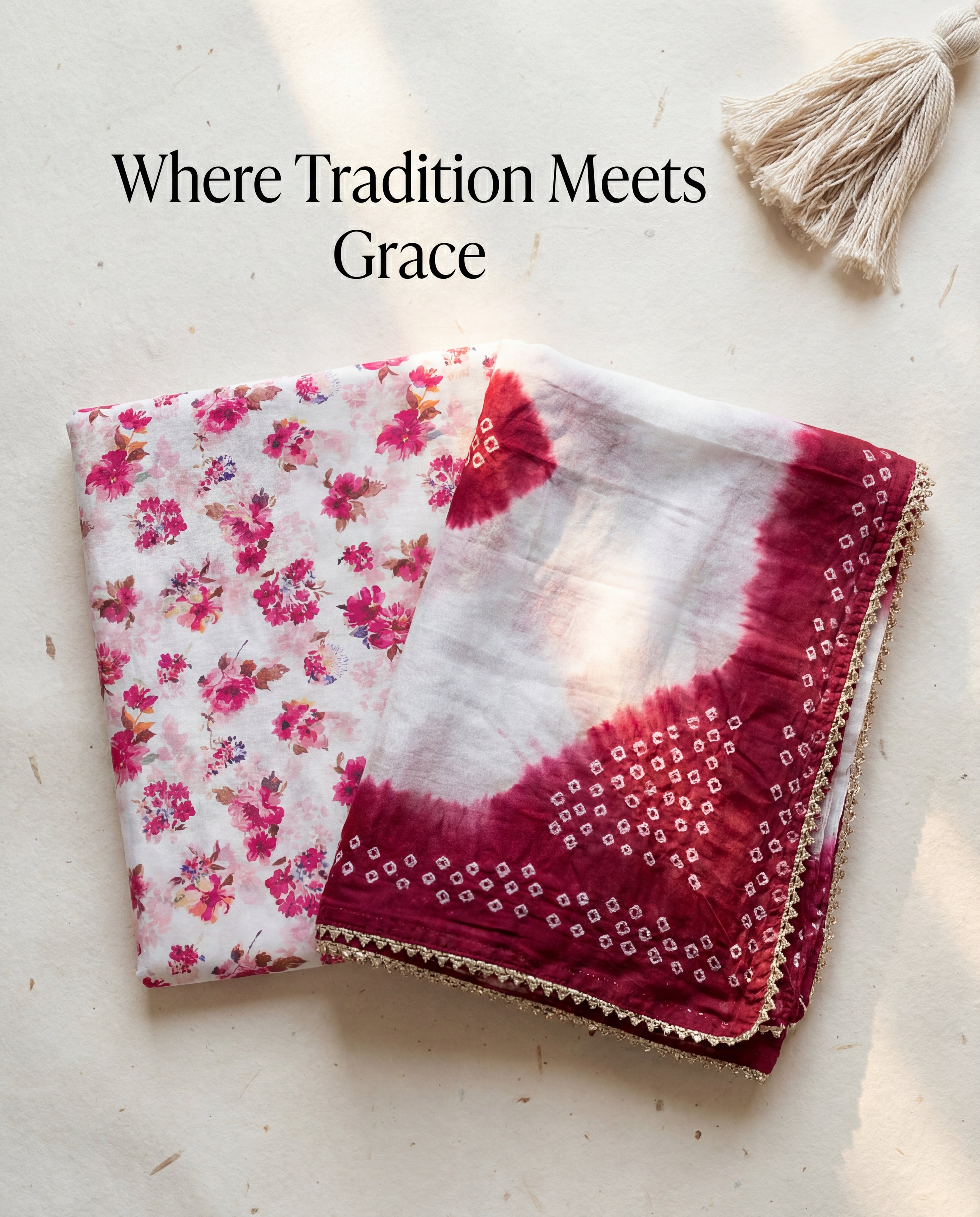 'Gulabiya' - Magenta Floral Rajputi Suit Set + Shaded Maroon Bandhej Odhani