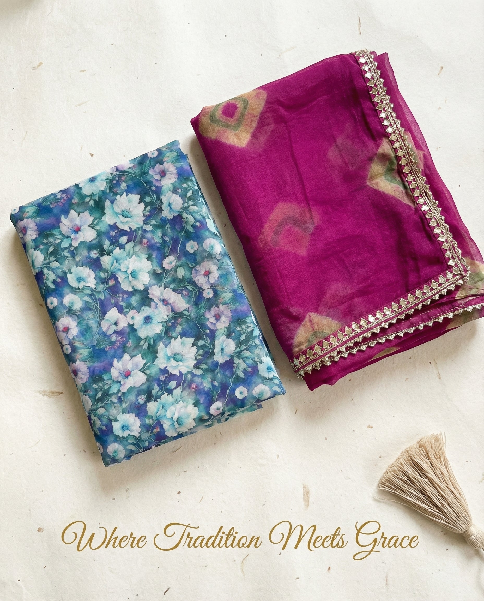 Teal Blue Floral Rajputi Poshak Fabric (4 Meters) with Rani Pink Bandhani Odhani | Soft Traditional Wear