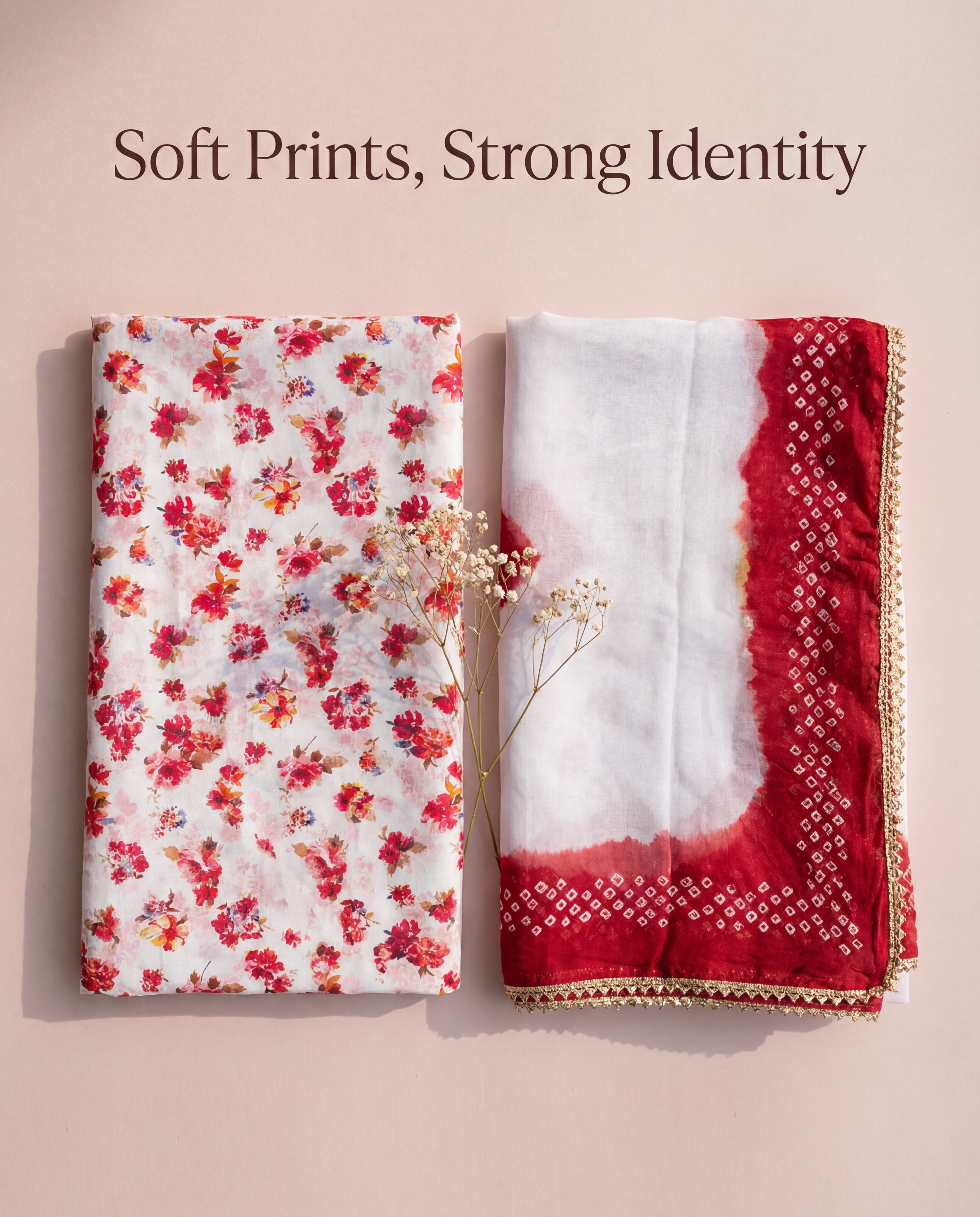 'Gul-e-Bahar' - White Floral Print Rajputi Suit Set + Red Bandhej Odhani